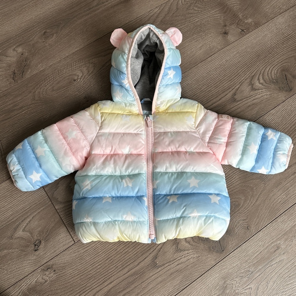 GAP BABY Puffer Jacket WORN ONCE Girls Pink Ombre Bear Hood size 6-12M